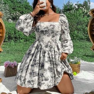 Black and White A-Line Sundress with Bishop Sleeves